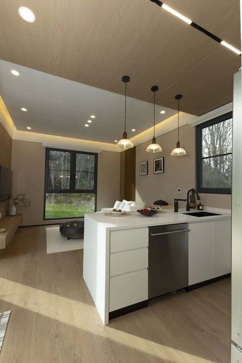 Solace kitchen island with a dishwasher, pendant lights and a cove-lit ceiling
