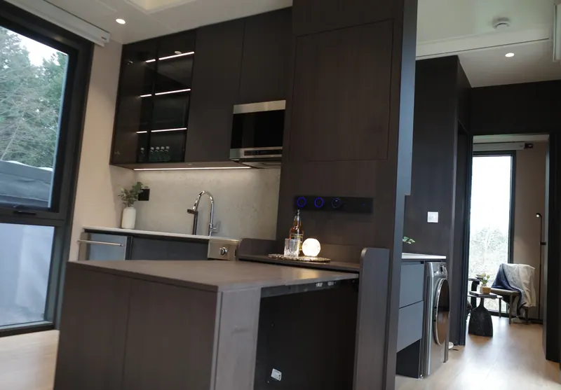 Dark-finish kitchen with a pull-out table, and the hallway beyond