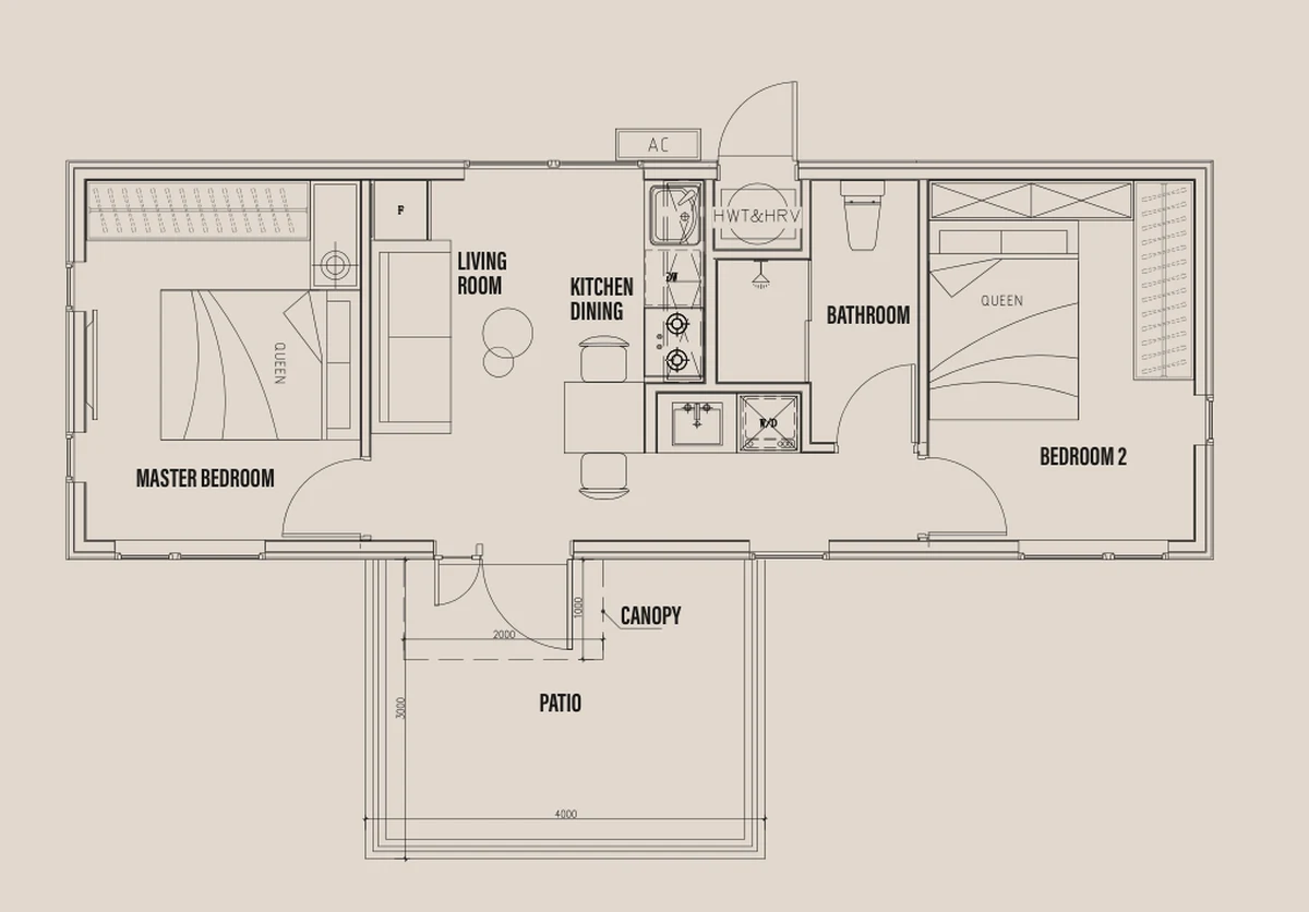 Floor plan of the Ember: main bedroom, living room, kitchen and dining, bathroom, a second bedroom, and the canopy and patio