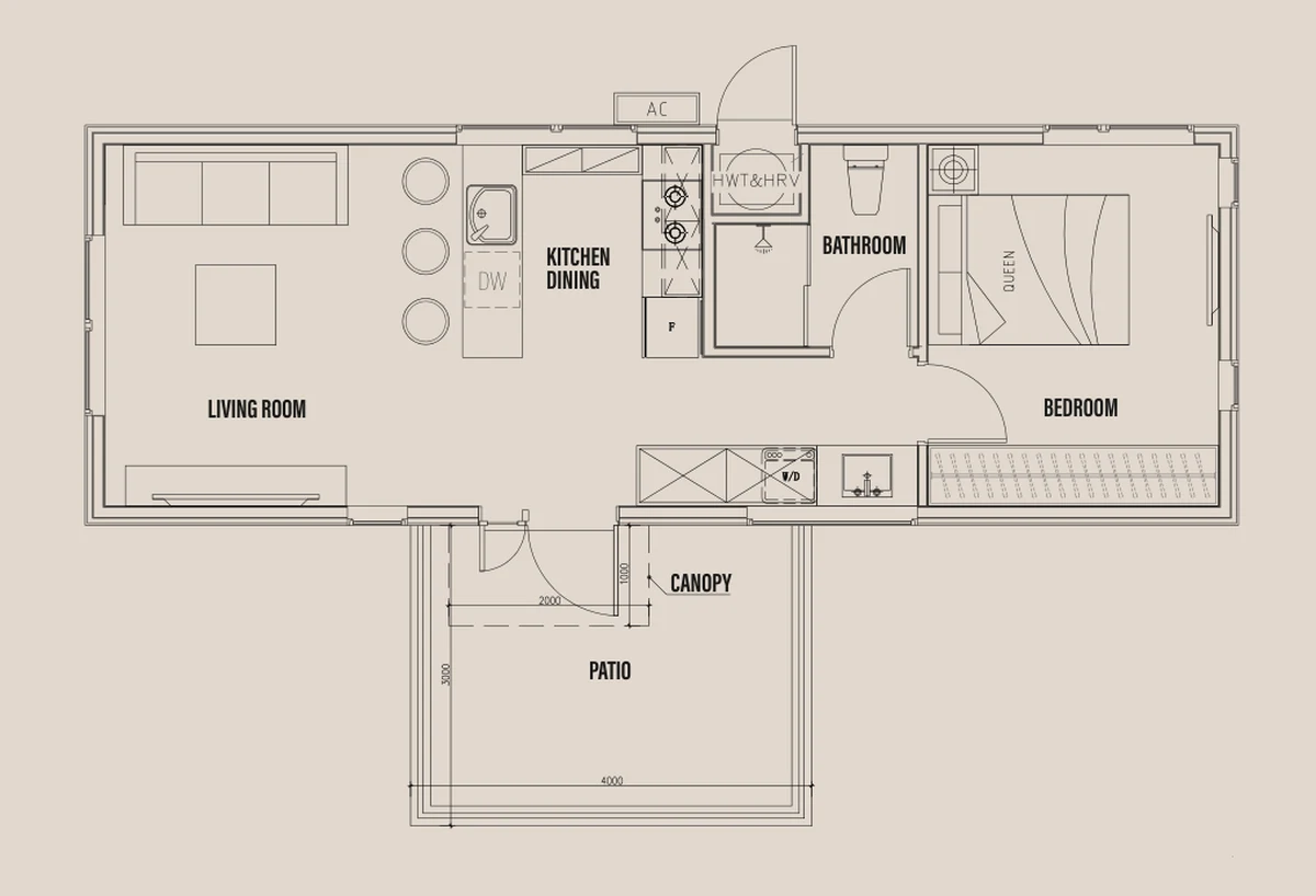 Floor plan of the Solace: living room, kitchen and dining, bathroom, one bedroom with a queen bed, and the canopy and patio